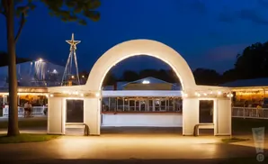 An illuminated archway at night frames a building with a star-topped tower and tented areas.