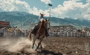 Cowboy on a bucking horse at a rodeo, with spectators and mountains in the background.