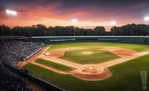 Baseball stadium at sunset with illuminated field and crowd.