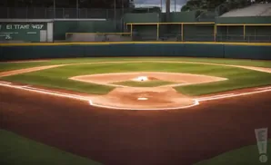 An empty baseball field with green outfield and brown infield.