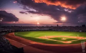 A baseball field at sunset with dramatic clouds and stadium lights.