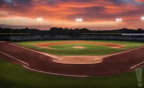 Baseball field at sunset with stadium lights on, under a dramatic orange and pink sky.