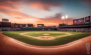 A baseball field at sunset with the sky painted in oranges and pinks.