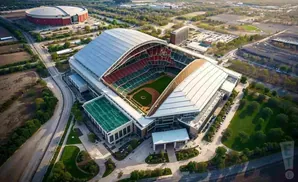 Aerial view of a modern baseball stadium with a retractable roof and surrounding parking lots and buildings.