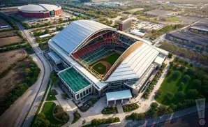 Aerial view of a baseball stadium with a retractable roof and surrounding parking lots and buildings.