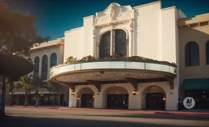 Marquee of a historic theater with arched entrances below and an ornate facade above.