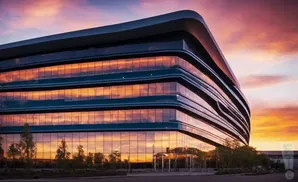 Modern office building with curved glass exterior reflects a vibrant sunset sky.