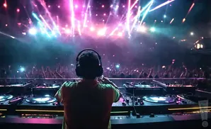 A DJ with headphones plays at a concert with a crowd and stage lights.