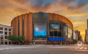 Madison Square Garden in New York City at sunset.