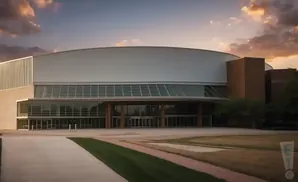 A modern building with a large, arched roof and glass facade, at sunset.