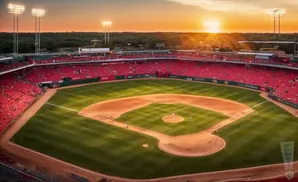 Aerial view of a baseball stadium with red seats and a diamond at sunset.