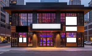 Modern building entrance with large windows, digital screens, and wood accents.