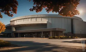 Large circular building with glass doors and windows, seen across a street with autumn trees.