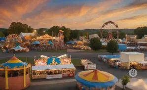 An aerial view of a carnival at dusk with rides, food stalls, and a Ferris wheel under a colorful sunset sky.