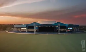 An outdoor concert venue at sunset.