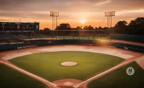 Baseball field at sunset with stadium lights and scoreboard.