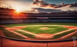 Baseball stadium at sunset with the sunbeams shining over the stands and the field.