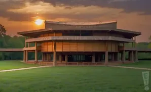 Sunset over a modern, octagonal building on stilts surrounded by a grassy lawn.