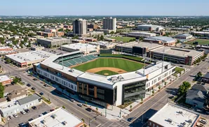 Aerial view of a baseball stadium and surrounding cityscape with buildings and trees under a clear blue sky.