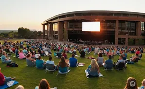An outdoor concert with a large audience sitting on a grassy hill facing a stage and screen.