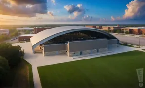 Aerial view of a modern building with a curved roof, set against a sunset sky and surrounded by green lawn.