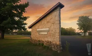 Stone entrance gate with an angled roof at sunset.