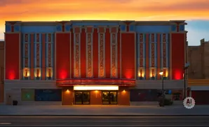 Art Deco theater facade with Egyptian motifs and colorful sunset sky.