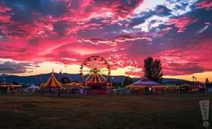 A carnival fair with a Ferris wheel and tents under a dramatic pink and purple sunset.
