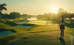 A golfer stands on a course at sunrise, facing a water hazard and bunker.