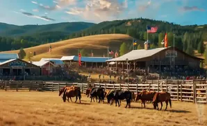 A rodeo event with horses and cattle in a fenced-in arena, with a large wooden barn and grandstands in the background.