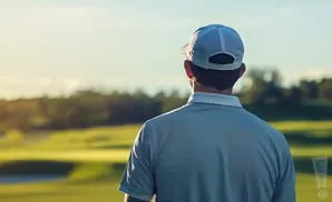 Man in a golf cap and polo shirt looks out over a golf course at sunset.