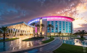 Modern hotel with a circular, illuminated top at sunset, featuring a grand entrance and palm trees.