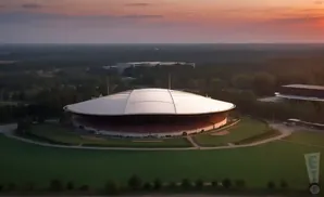 Aerial view of a domed stadium at sunset, with trees and buildings in the background.