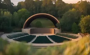 An empty outdoor amphitheater with green seating and a curved stage roof, surrounded by trees.