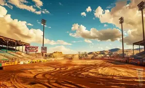 Dirt track rodeo arena with grandstands under a cloudy blue sky.