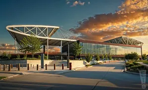 A modern building with a large glass facade and a curved, white-canopied entrance, bathed in the warm light of sunset.