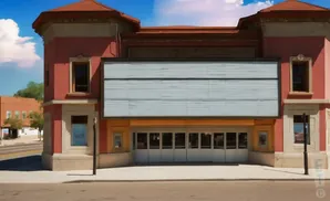 A vacant red theater with a large blank marquee and closed glass doors on a sunny day.