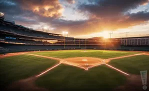 A baseball field at sunset with the sun peeking through the clouds over the stadium.