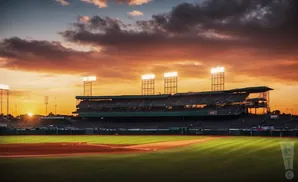 Baseball stadium at sunset with dramatic clouds.