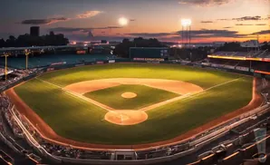 Baseball stadium at sunset, with lights on and a warm glow over the field and stands.