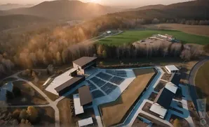 Aerial view of an outdoor amphitheater and stage nestled in a wooded, mountainous landscape at sunset.