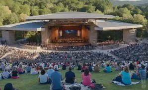 An outdoor amphitheater with a full orchestra performing on stage and a large audience seated in tiered rows and on the grass.