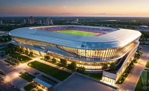 An aerial view of a modern, illuminated stadium with a unique, curved roof and glass facade at dusk.