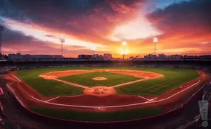 A baseball field at sunset with dramatic orange and purple clouds.