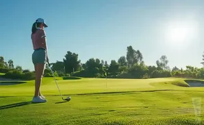 Woman in golf attire on a course, preparing to swing, with a bright, sunny sky.
