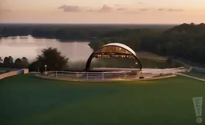 An outdoor amphitheater with a curved stage roof sits on a grassy hill overlooking a lake at sunset.
