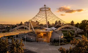 The Pavilion at Riverfront Park in Spokane, Washington, at sunset.