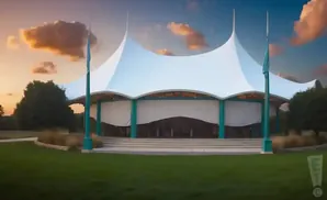 A large white tent with teal poles and trim stands on a grassy area under a cloudy sky at sunset.