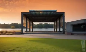An outdoor pavilion with a modern design sits by a lake during a vibrant sunset.
