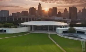 An aerial view of a modern, open-air pavilion with a white roof and a city skyline at sunset.
